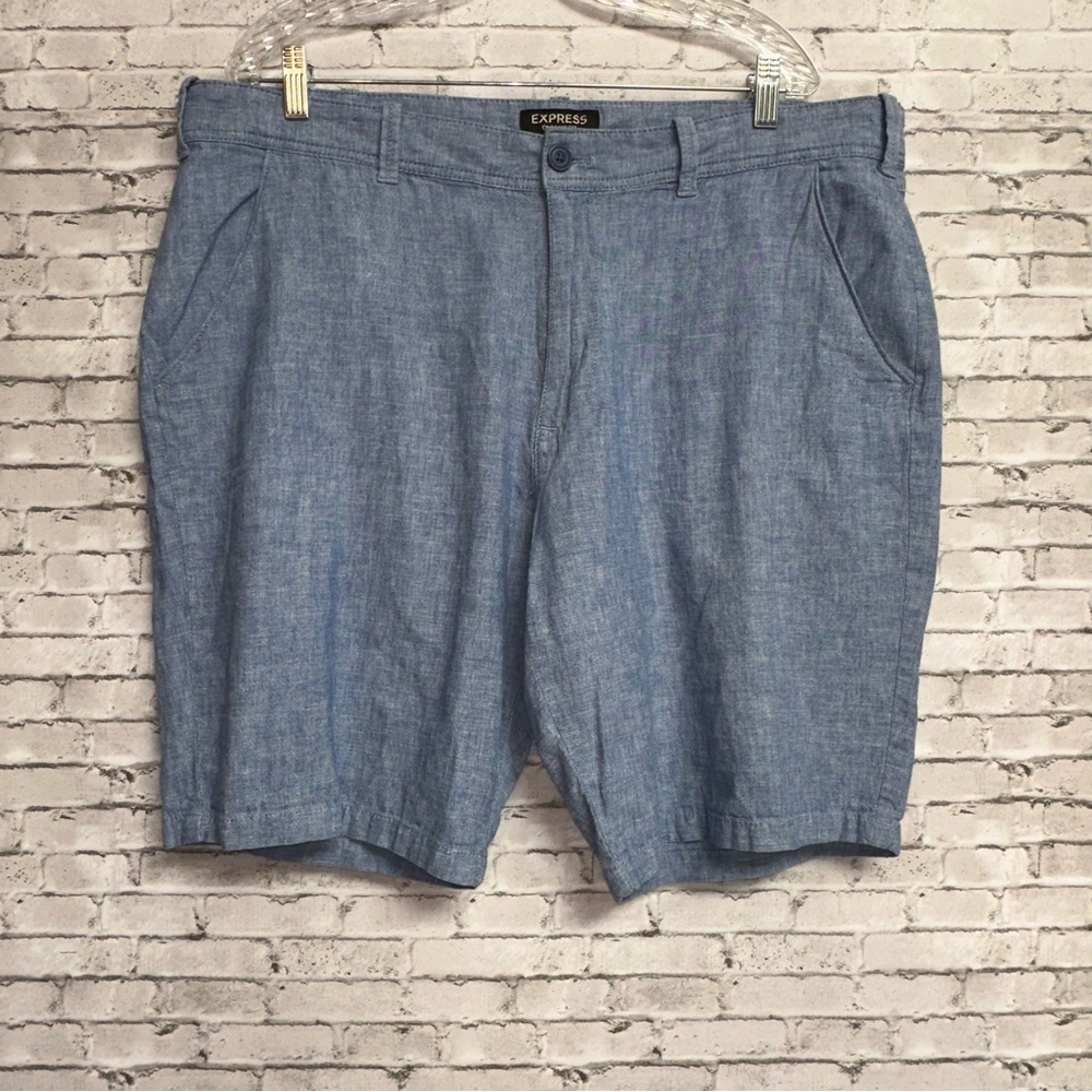 Express Size 38 Men's Linen Blend Shorts Classic Fit Blue Pockets Dress Casual